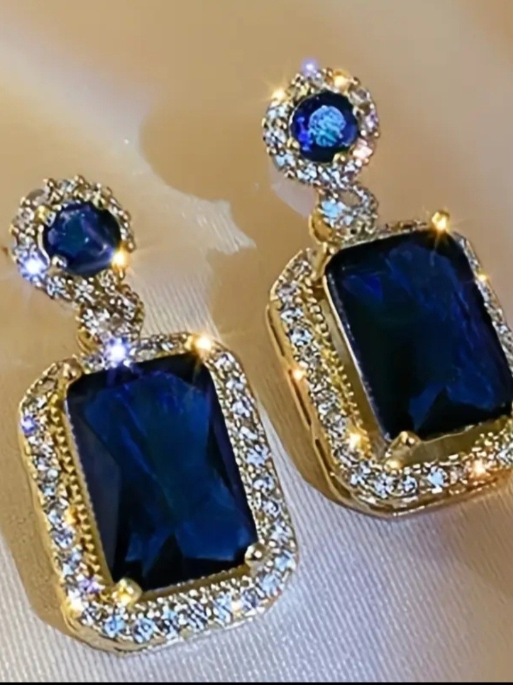 Gold-Plated Blue Crystal Drop Earrings with Pave Accents
